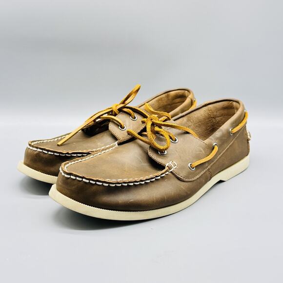 J Crew Shoes Mens 12 Brown Leather Boat Moc Toe Lace Up Slip On Casual Classic - Picture 4 of 10